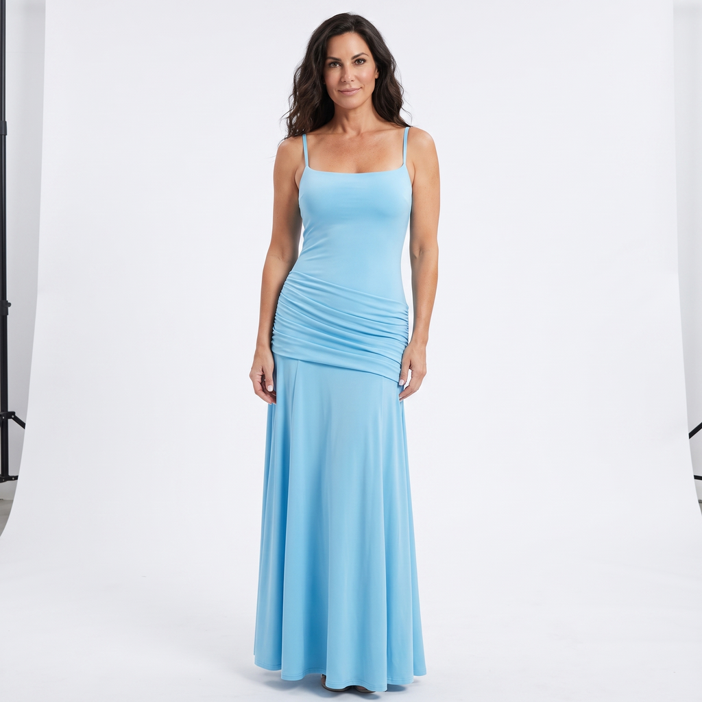 The Celeste — Ruched Waist Maxi Dress in Sky Blue