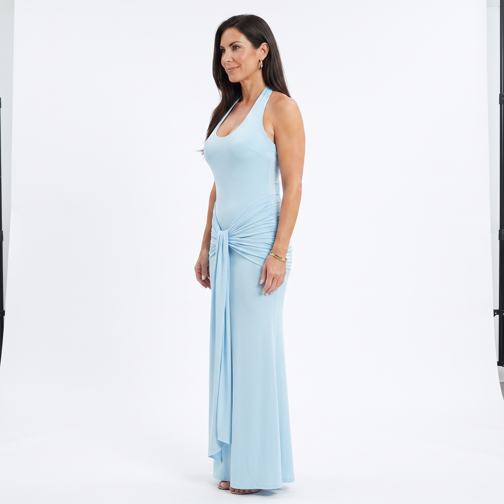 The Odette — Halter Knot Drape Maxi Dress in Sky Blue